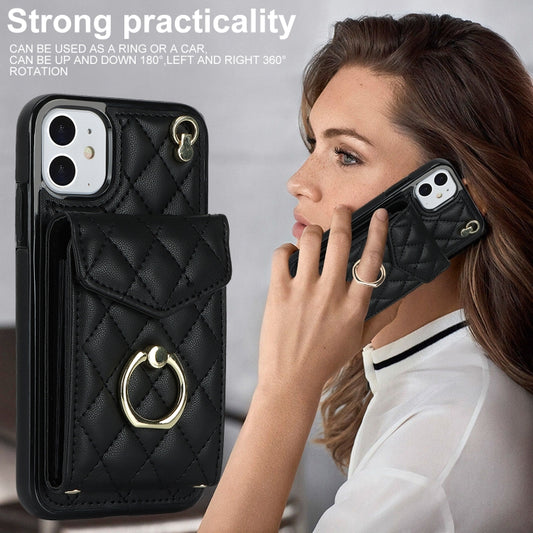 For iPhone 11 Rhombic Texture Card Bag Phone Case with Long Lanyard(Black) - iPhone 11 Cases by buy2fix | Online Shopping UK | buy2fix
