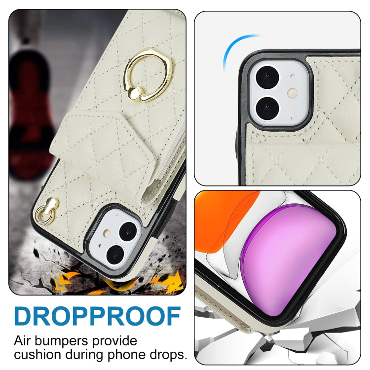 For iPhone 11 Rhombic Texture Card Bag Phone Case with Long Lanyard(White) - iPhone 11 Cases by buy2fix | Online Shopping UK | buy2fix