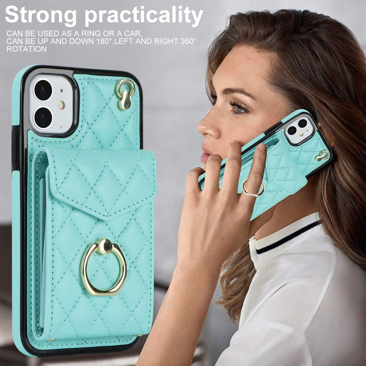 For iPhone 11 Rhombic Texture Card Bag Phone Case with Long Lanyard(Mint Green) - iPhone 11 Cases by buy2fix | Online Shopping UK | buy2fix