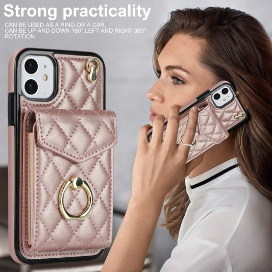For iPhone 11 Rhombic Texture Card Bag Phone Case with Long Lanyard(Rose Gold) - iPhone 11 Cases by buy2fix | Online Shopping UK | buy2fix