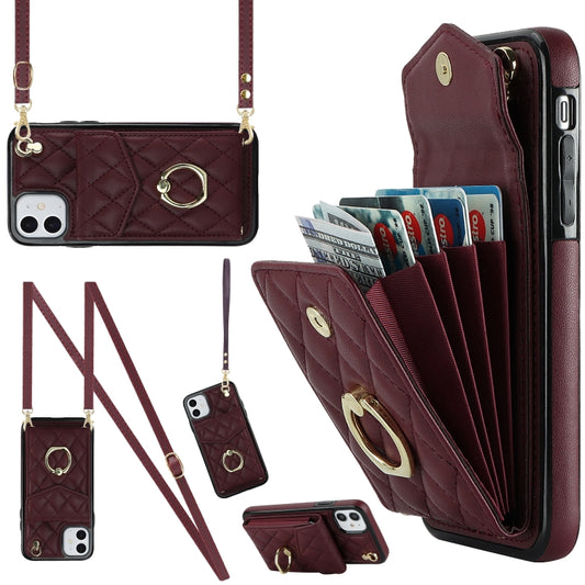 For iPhone 11 Rhombic Texture Card Bag Phone Case with Long Lanyard(Wine Red) - iPhone 11 Cases by buy2fix | Online Shopping UK | buy2fix