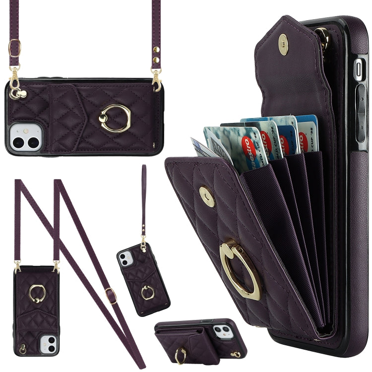 For iPhone 11 Rhombic Texture Card Bag Phone Case with Long Lanyard(Dark Purple) - iPhone 11 Cases by buy2fix | Online Shopping UK | buy2fix
