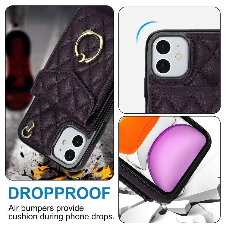 For iPhone 11 Rhombic Texture Card Bag Phone Case with Long Lanyard(Dark Purple) - iPhone 11 Cases by buy2fix | Online Shopping UK | buy2fix