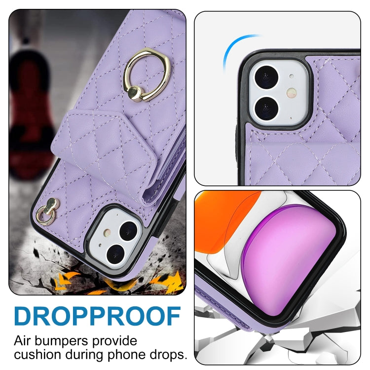 For iPhone 11 Rhombic Texture Card Bag Phone Case with Long Lanyard(Light Purple) - iPhone 11 Cases by buy2fix | Online Shopping UK | buy2fix