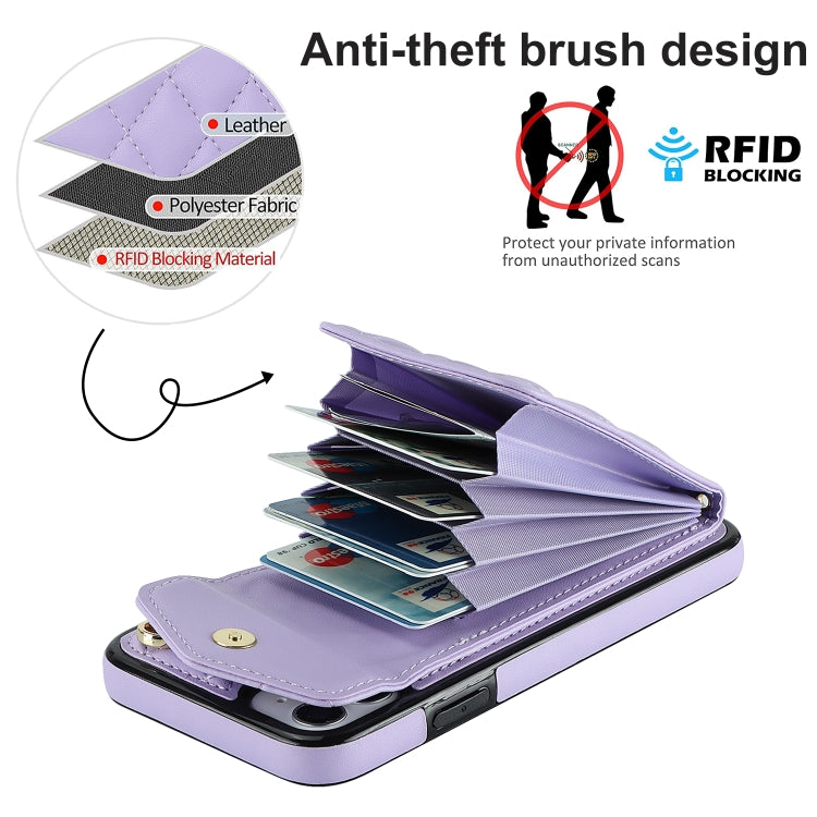 For iPhone 11 Rhombic Texture Card Bag Phone Case with Long Lanyard(Light Purple) - iPhone 11 Cases by buy2fix | Online Shopping UK | buy2fix