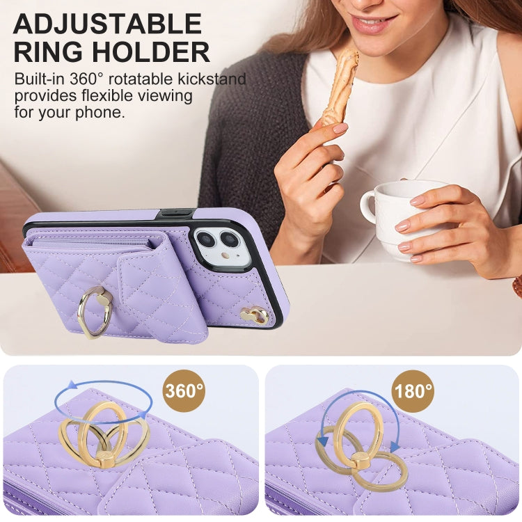 For iPhone 11 Rhombic Texture Card Bag Phone Case with Long Lanyard(Light Purple) - iPhone 11 Cases by buy2fix | Online Shopping UK | buy2fix