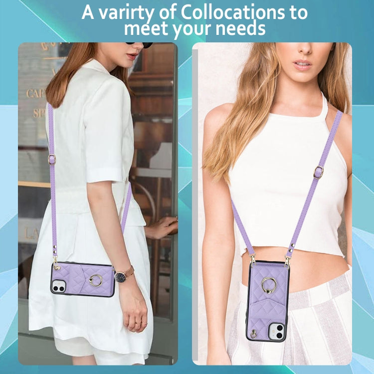 For iPhone 11 Rhombic Texture Card Bag Phone Case with Long Lanyard(Light Purple) - iPhone 11 Cases by buy2fix | Online Shopping UK | buy2fix