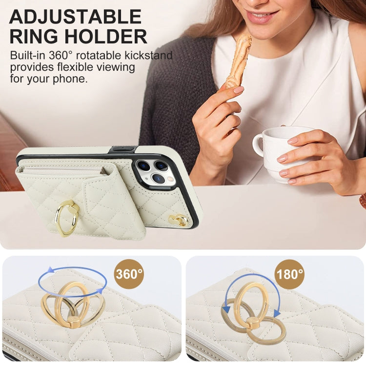 For iPhone 11 Pro Rhombic Texture Card Bag Phone Case with Long Lanyard(White) - iPhone 11 Pro Cases by buy2fix | Online Shopping UK | buy2fix