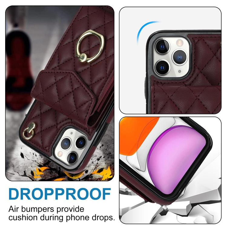 For iPhone 11 Pro Rhombic Texture Card Bag Phone Case with Long Lanyard(Wine Red) - iPhone 11 Pro Cases by buy2fix | Online Shopping UK | buy2fix