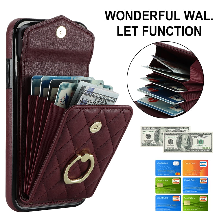 For iPhone 11 Pro Rhombic Texture Card Bag Phone Case with Long Lanyard(Wine Red) - iPhone 11 Pro Cases by buy2fix | Online Shopping UK | buy2fix