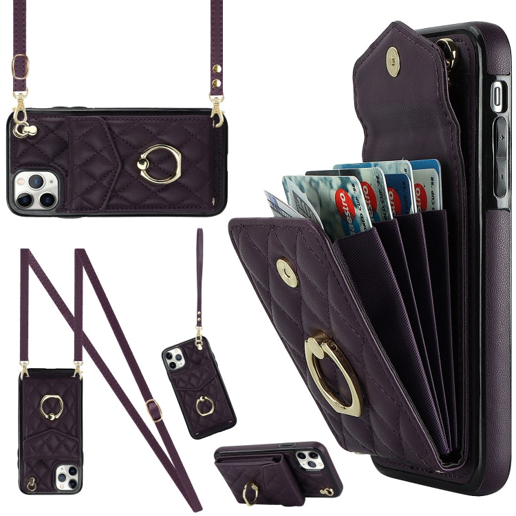 For iPhone 11 Pro Rhombic Texture Card Bag Phone Case with Long Lanyard(Dark Purple) - iPhone 11 Pro Cases by buy2fix | Online Shopping UK | buy2fix