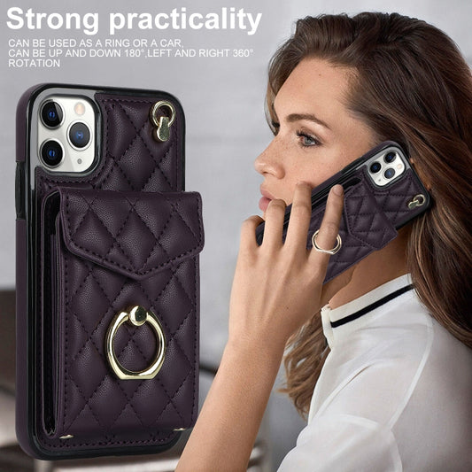 For iPhone 11 Pro Rhombic Texture Card Bag Phone Case with Long Lanyard(Dark Purple) - iPhone 11 Pro Cases by buy2fix | Online Shopping UK | buy2fix