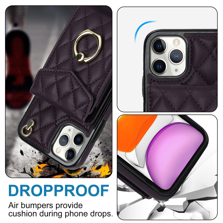 For iPhone 11 Pro Rhombic Texture Card Bag Phone Case with Long Lanyard(Dark Purple) - iPhone 11 Pro Cases by buy2fix | Online Shopping UK | buy2fix