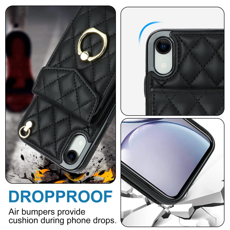 For iPhone XR Rhombic Texture Card Bag Phone Case with Long Lanyard(Black) - More iPhone Cases by buy2fix | Online Shopping UK | buy2fix