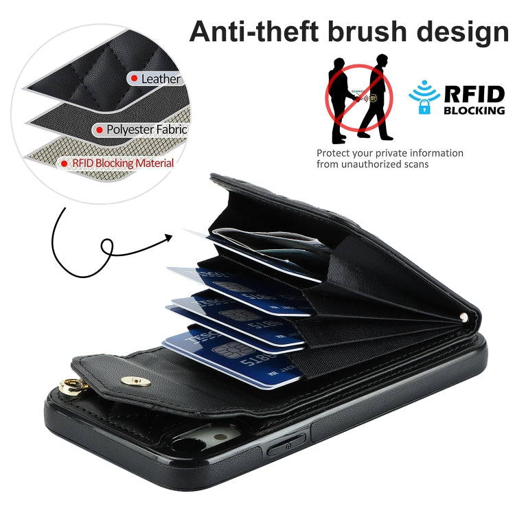 For iPhone XR Rhombic Texture Card Bag Phone Case with Long Lanyard(Black) - More iPhone Cases by buy2fix | Online Shopping UK | buy2fix