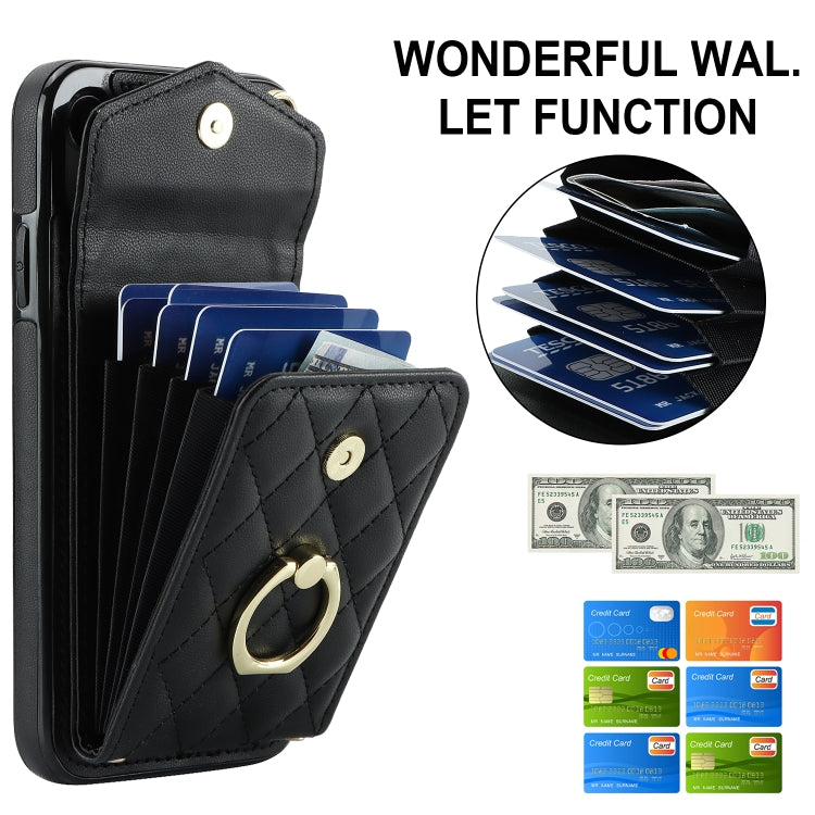 For iPhone XR Rhombic Texture Card Bag Phone Case with Long Lanyard(Black) - More iPhone Cases by buy2fix | Online Shopping UK | buy2fix