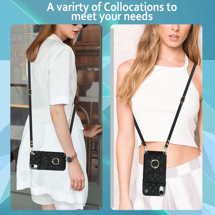 For iPhone XR Rhombic Texture Card Bag Phone Case with Long Lanyard(Black) - More iPhone Cases by buy2fix | Online Shopping UK | buy2fix