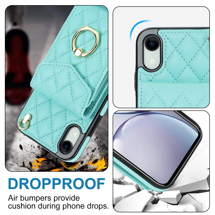 For iPhone XR Rhombic Texture Card Bag Phone Case with Long Lanyard(Mint Green) - More iPhone Cases by buy2fix | Online Shopping UK | buy2fix