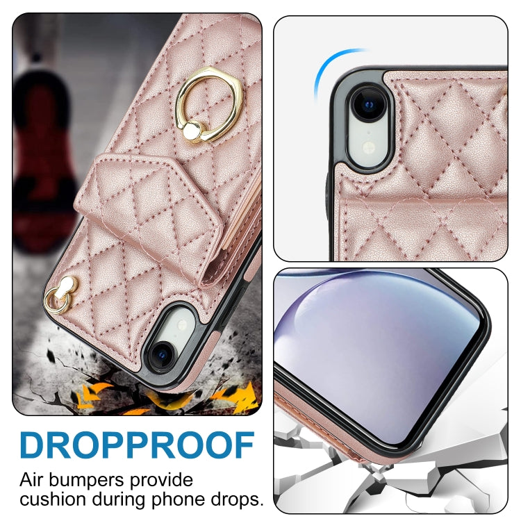 For iPhone XR Rhombic Texture Card Bag Phone Case with Long Lanyard(Rose Gold) - More iPhone Cases by buy2fix | Online Shopping UK | buy2fix