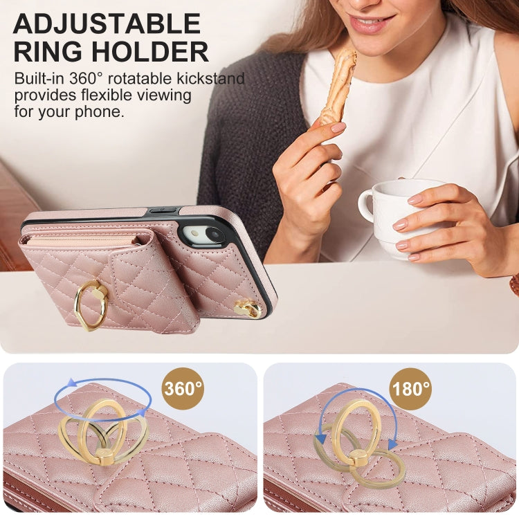 For iPhone XR Rhombic Texture Card Bag Phone Case with Long Lanyard(Rose Gold) - More iPhone Cases by buy2fix | Online Shopping UK | buy2fix
