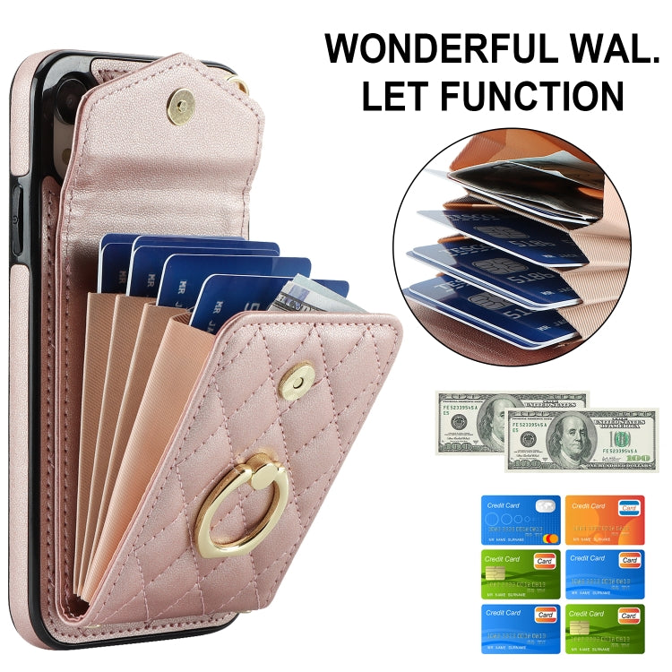 For iPhone XR Rhombic Texture Card Bag Phone Case with Long Lanyard(Rose Gold) - More iPhone Cases by buy2fix | Online Shopping UK | buy2fix
