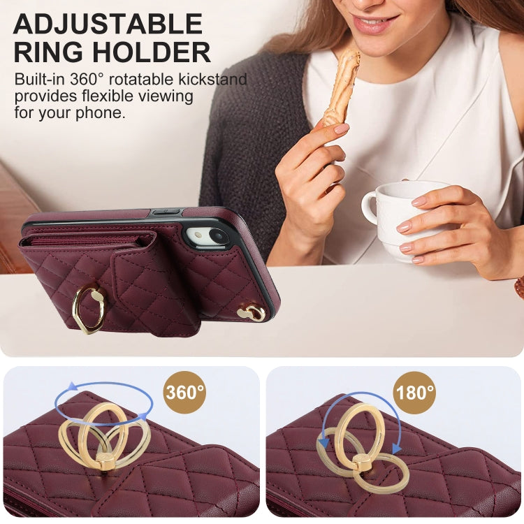 For iPhone XR Rhombic Texture Card Bag Phone Case with Long Lanyard(Wine Red) - More iPhone Cases by buy2fix | Online Shopping UK | buy2fix