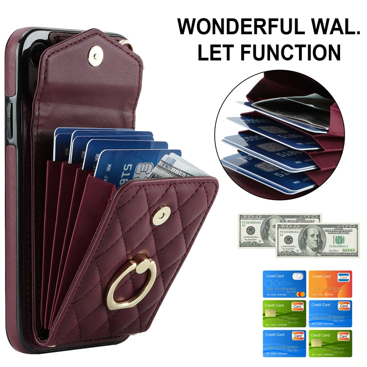 For iPhone XR Rhombic Texture Card Bag Phone Case with Long Lanyard(Wine Red) - More iPhone Cases by buy2fix | Online Shopping UK | buy2fix