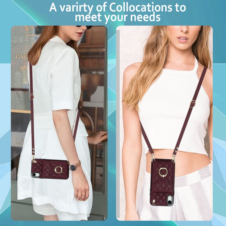 For iPhone XR Rhombic Texture Card Bag Phone Case with Long Lanyard(Wine Red) - More iPhone Cases by buy2fix | Online Shopping UK | buy2fix