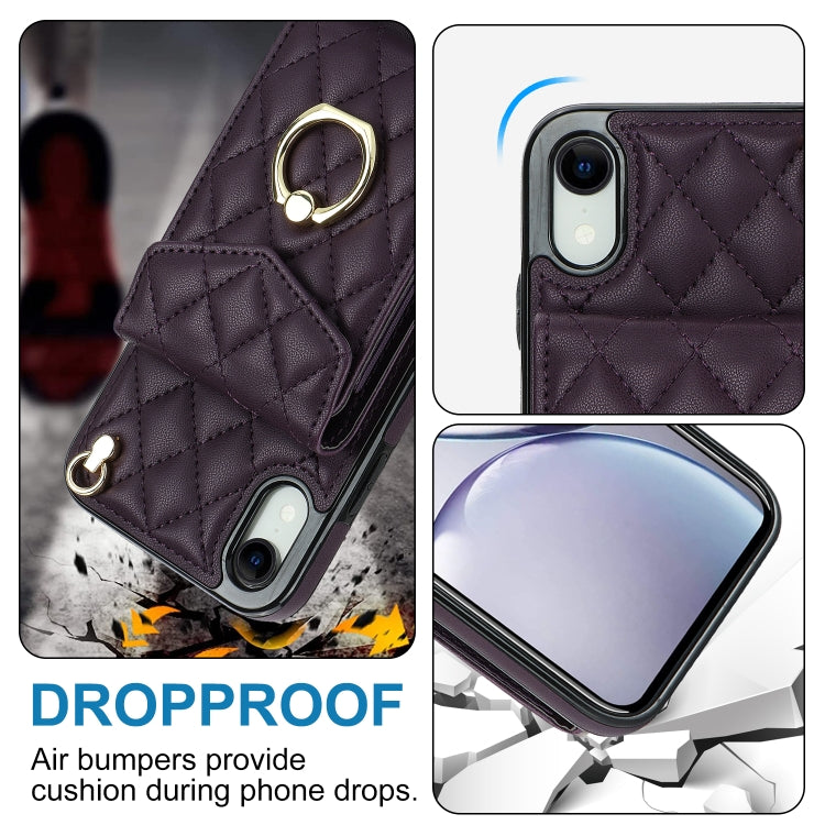For iPhone XR Rhombic Texture Card Bag Phone Case with Long Lanyard(Dark Purple) - More iPhone Cases by buy2fix | Online Shopping UK | buy2fix