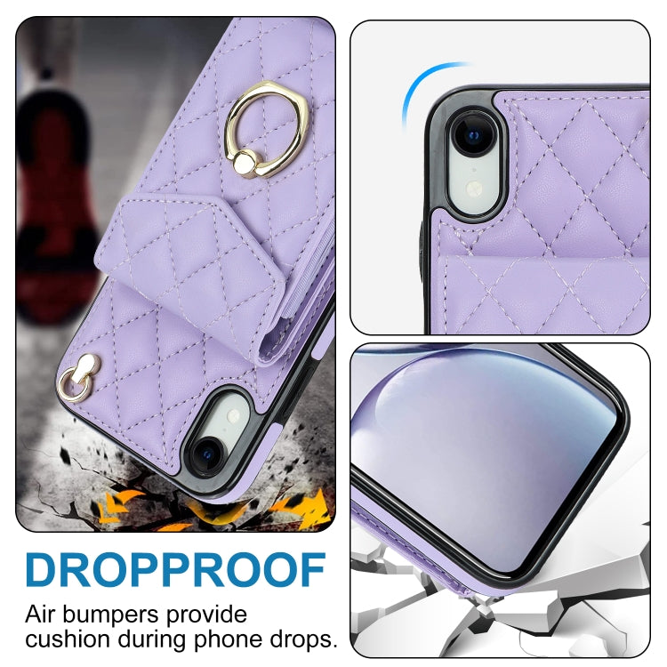 For iPhone XR Rhombic Texture Card Bag Phone Case with Long Lanyard(Light Purple) - More iPhone Cases by buy2fix | Online Shopping UK | buy2fix