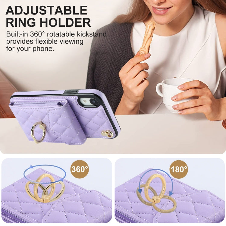 For iPhone XR Rhombic Texture Card Bag Phone Case with Long Lanyard(Light Purple) - More iPhone Cases by buy2fix | Online Shopping UK | buy2fix