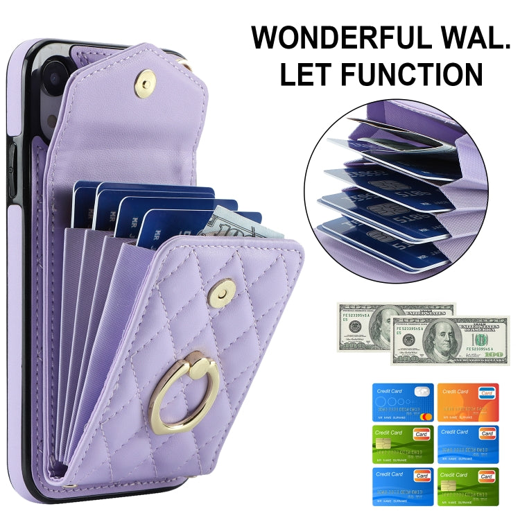 For iPhone XR Rhombic Texture Card Bag Phone Case with Long Lanyard(Light Purple) - More iPhone Cases by buy2fix | Online Shopping UK | buy2fix
