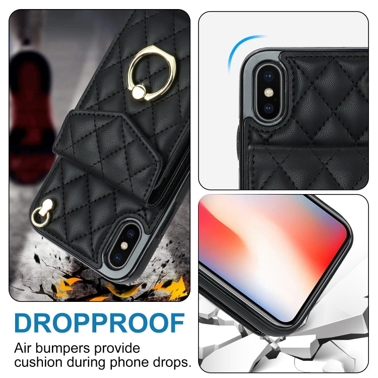For iPhone XS Max Rhombic Texture Card Bag Phone Case with Long Lanyard(Black) - More iPhone Cases by buy2fix | Online Shopping UK | buy2fix