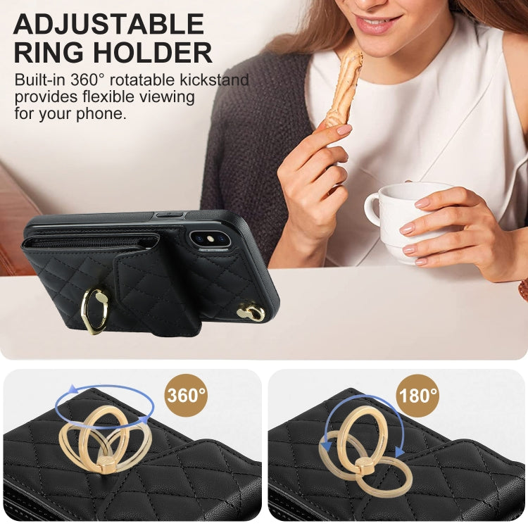 For iPhone XS Max Rhombic Texture Card Bag Phone Case with Long Lanyard(Black) - More iPhone Cases by buy2fix | Online Shopping UK | buy2fix