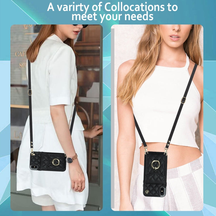 For iPhone XS Max Rhombic Texture Card Bag Phone Case with Long Lanyard(Black) - More iPhone Cases by buy2fix | Online Shopping UK | buy2fix