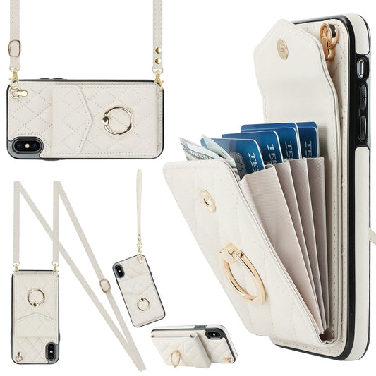 For iPhone XS Max Rhombic Texture Card Bag Phone Case with Long Lanyard(White) - More iPhone Cases by buy2fix | Online Shopping UK | buy2fix