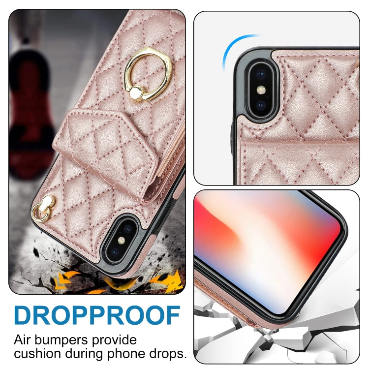 For iPhone XS Max Rhombic Texture Card Bag Phone Case with Long Lanyard(Rose Gold) - More iPhone Cases by buy2fix | Online Shopping UK | buy2fix