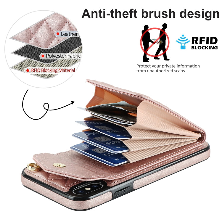 For iPhone XS Max Rhombic Texture Card Bag Phone Case with Long Lanyard(Rose Gold) - More iPhone Cases by buy2fix | Online Shopping UK | buy2fix