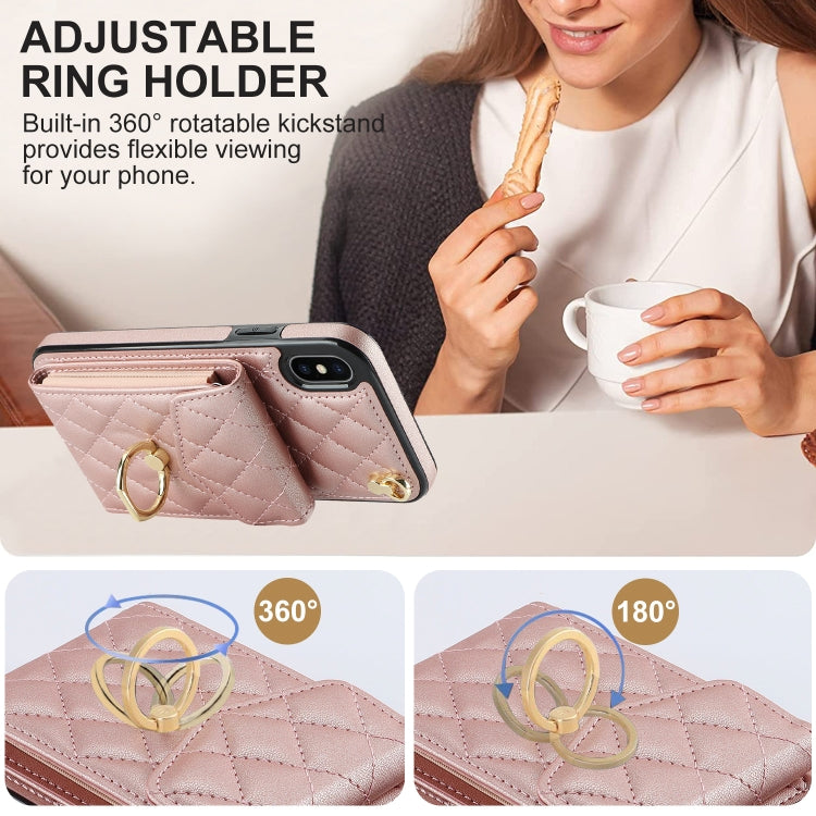 For iPhone XS Max Rhombic Texture Card Bag Phone Case with Long Lanyard(Rose Gold) - More iPhone Cases by buy2fix | Online Shopping UK | buy2fix