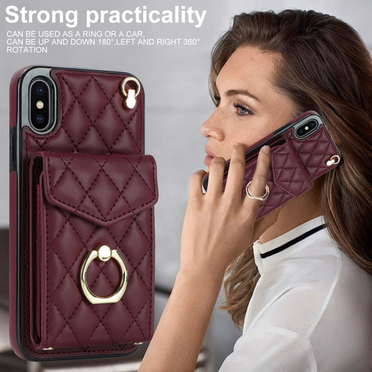 For iPhone XS Max Rhombic Texture Card Bag Phone Case with Long Lanyard(Wine Red) - More iPhone Cases by buy2fix | Online Shopping UK | buy2fix