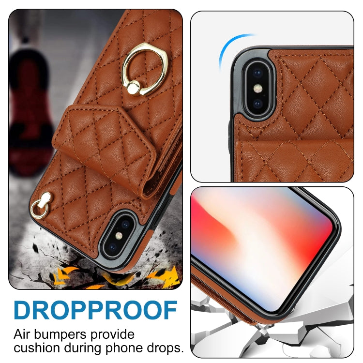 For iPhone XS Max Rhombic Texture Card Bag Phone Case with Long Lanyard(Brown) - More iPhone Cases by buy2fix | Online Shopping UK | buy2fix