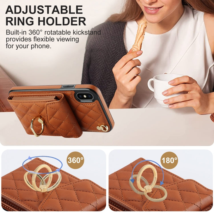 For iPhone XS Max Rhombic Texture Card Bag Phone Case with Long Lanyard(Brown) - More iPhone Cases by buy2fix | Online Shopping UK | buy2fix