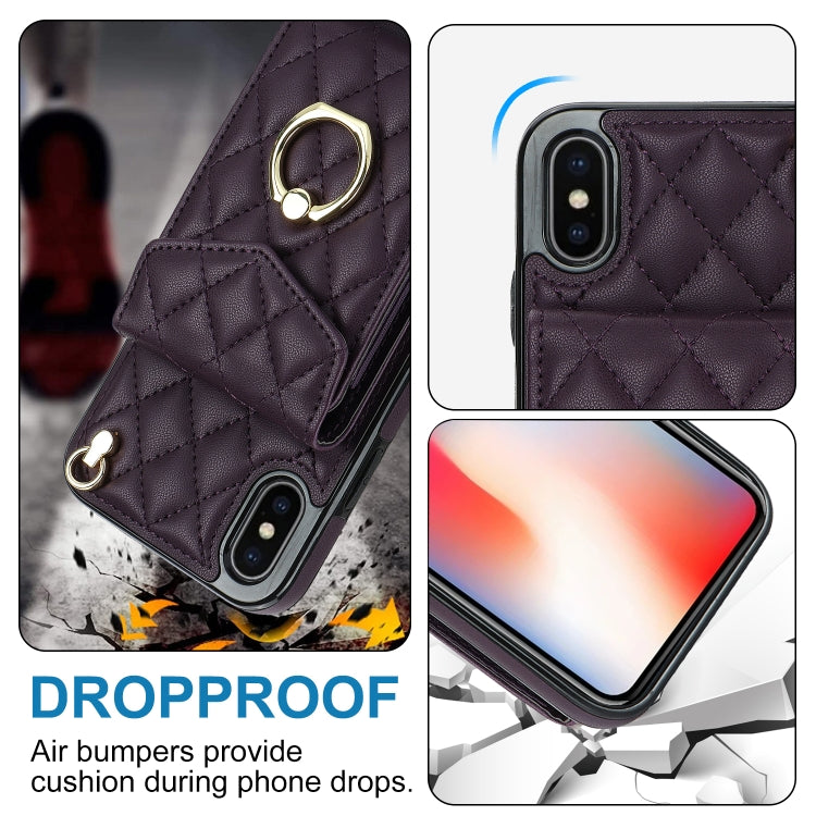 For iPhone XS Max Rhombic Texture Card Bag Phone Case with Long Lanyard(Dark Purple) - More iPhone Cases by buy2fix | Online Shopping UK | buy2fix
