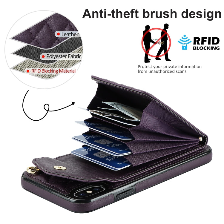 For iPhone XS Max Rhombic Texture Card Bag Phone Case with Long Lanyard(Dark Purple) - More iPhone Cases by buy2fix | Online Shopping UK | buy2fix