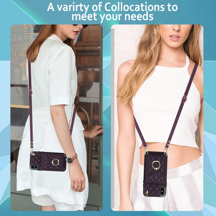 For iPhone XS Max Rhombic Texture Card Bag Phone Case with Long Lanyard(Dark Purple) - More iPhone Cases by buy2fix | Online Shopping UK | buy2fix
