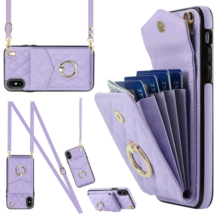 For iPhone XS Max Rhombic Texture Card Bag Phone Case with Long Lanyard(Light Purple) - More iPhone Cases by buy2fix | Online Shopping UK | buy2fix