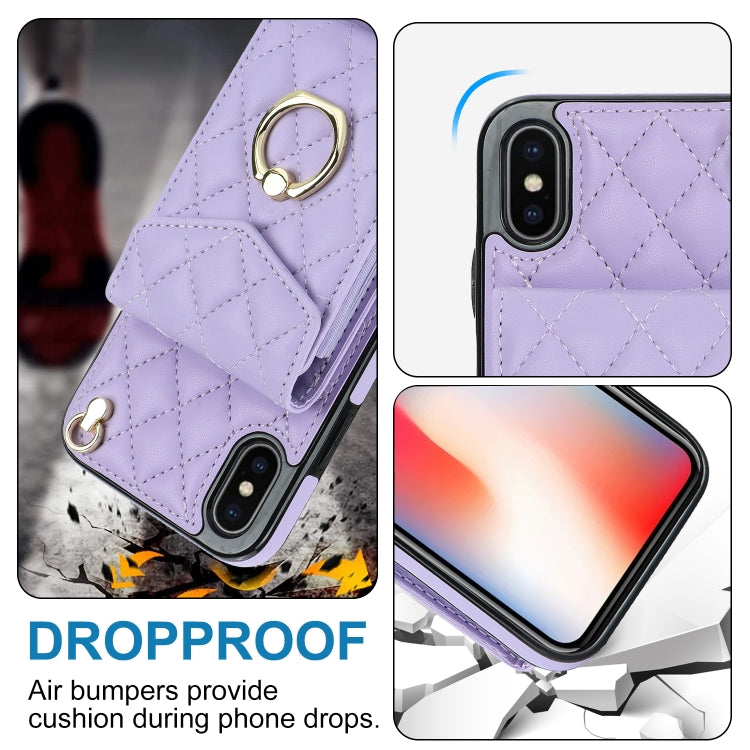 For iPhone XS Max Rhombic Texture Card Bag Phone Case with Long Lanyard(Light Purple) - More iPhone Cases by buy2fix | Online Shopping UK | buy2fix