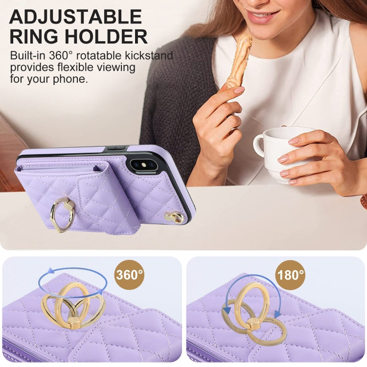 For iPhone XS Max Rhombic Texture Card Bag Phone Case with Long Lanyard(Light Purple) - More iPhone Cases by buy2fix | Online Shopping UK | buy2fix
