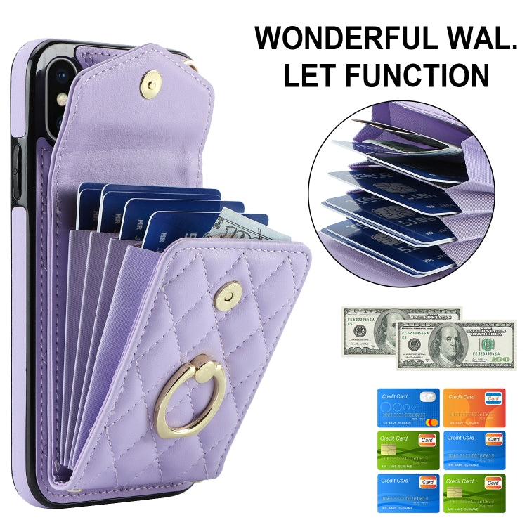 For iPhone XS Max Rhombic Texture Card Bag Phone Case with Long Lanyard(Light Purple) - More iPhone Cases by buy2fix | Online Shopping UK | buy2fix