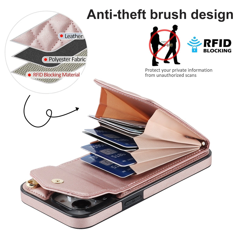 For iPhone 15 Rhombic Texture Card Bag Phone Case with Long Lanyard(Rose Gold) - iPhone 15 Cases by buy2fix | Online Shopping UK | buy2fix